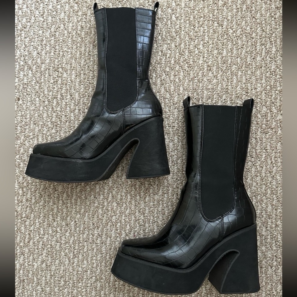 Black croc platform booties